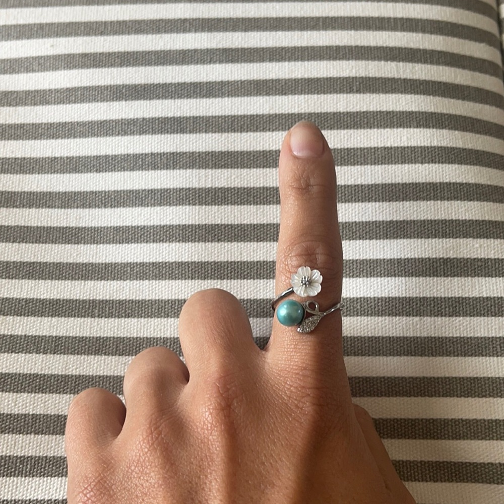 Blue pearl adjustable ring